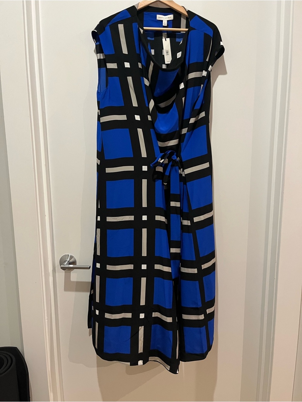 Banana Republic 100% Silk Blue and Black Plaid Cowl Sleeveless Midi Dress